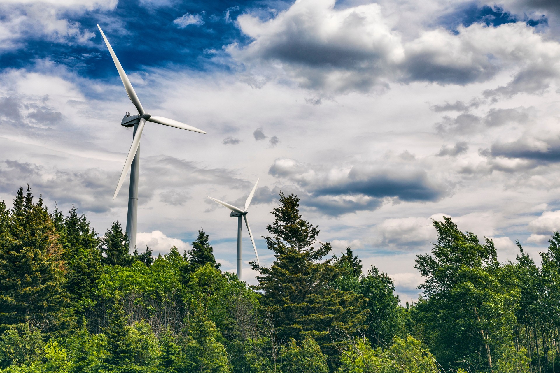 View of wind turbines near Saint-Lawrence river in La Gaspésie region, situated in the Canadian province of Quebec.