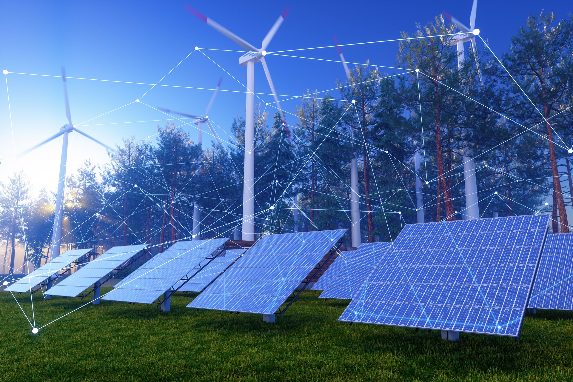 Solar Panels And Wind Turbines With Plexus And Connection Dots